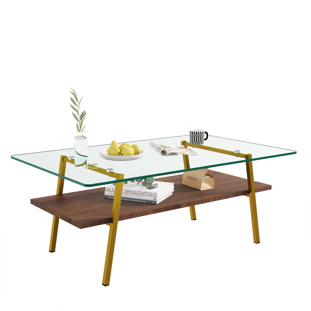TAVOLINO da caffè rettangolare 98x58x42,5 cm in vetro temperato, MDF e oro