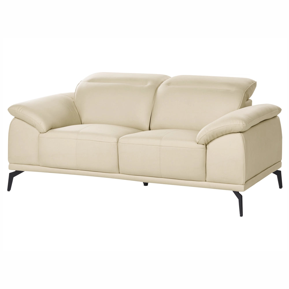 Divano 2 posti in ecopelle a due posti con poggiatesta regolabile e gambe in metallo beige soggiorno moderno