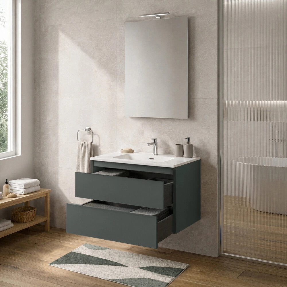 Mobile bagno sospeso 80 cm verde due cassetti push-pull e lavabo Tierra