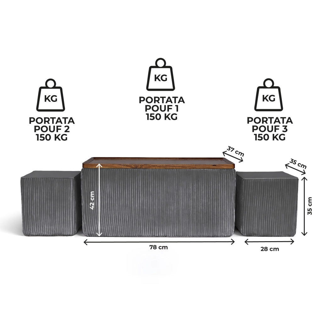 Set 3 Pouf Contenitore Quadrati con Tavolino Rettangolare da Salotto in Velluto e Coperchio in Legno, 2 Pouf Interni Salvaspazio, Tavolino Contenitore Moderno,Poggiapiedi, Seduta Imbottita Grigio Scuro