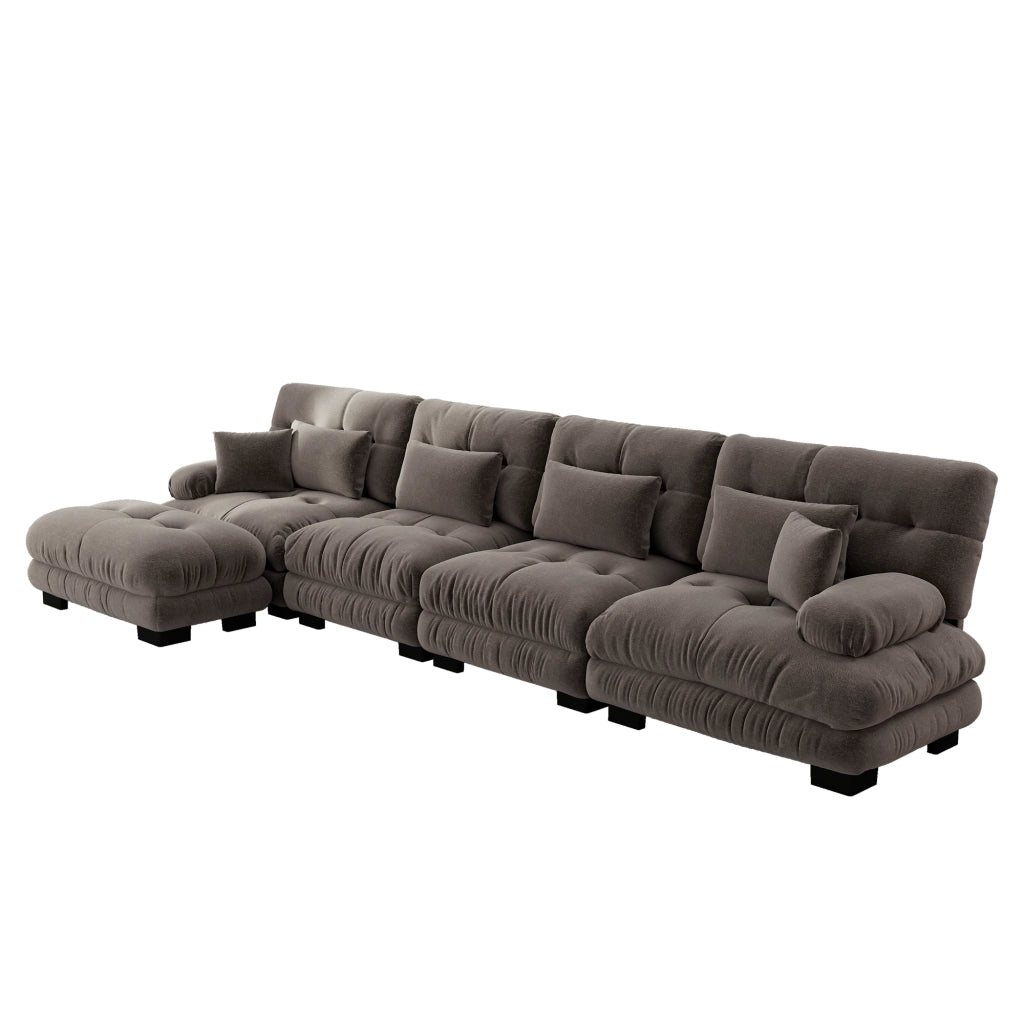 Divano angolare modulare in chenille con ottomana mobile e cuscini lombari, stile vintage marrone