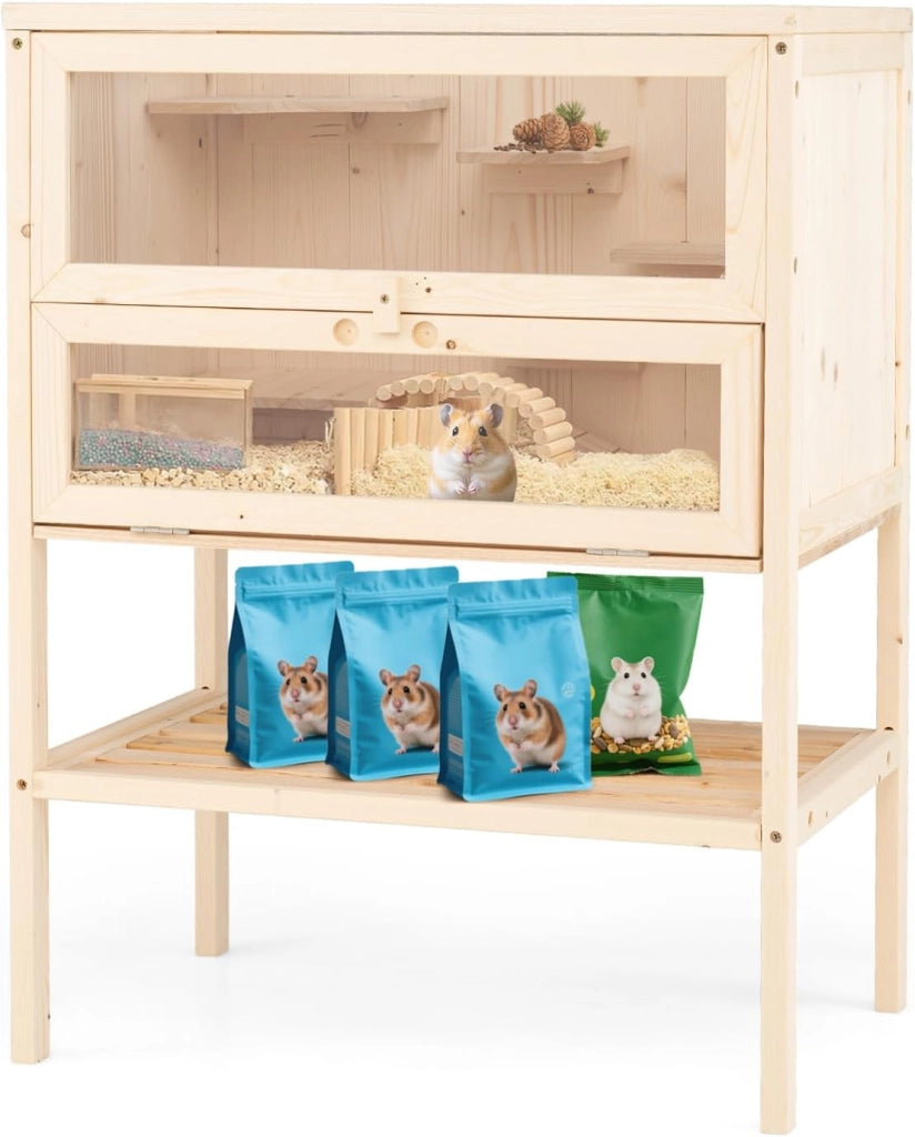 Gabbia per Criceti, Gabbia Criceti in Legno con Tetto a Rete, Aree Multiscala, Rampe, Ripiano Inferiore, Pannello in Acrilico, Porta Bloccabile, 60 x 40 x 80 cm