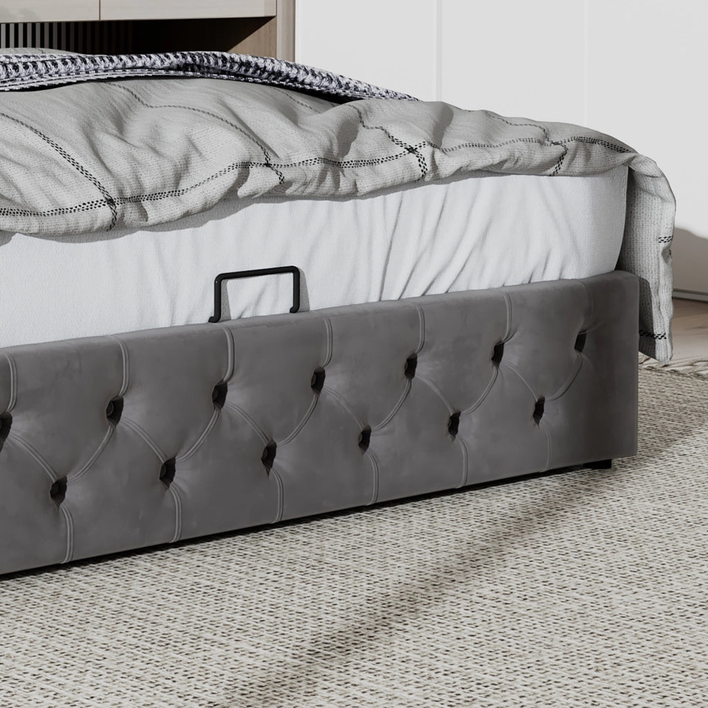 OKWISH Letto Contenitore 140×190 cm, Letto Matrimoniale con Testiera Capitonné, Sollevamento Idraulico e Ampio Vano, senza Materasso, Velluto, Grigio