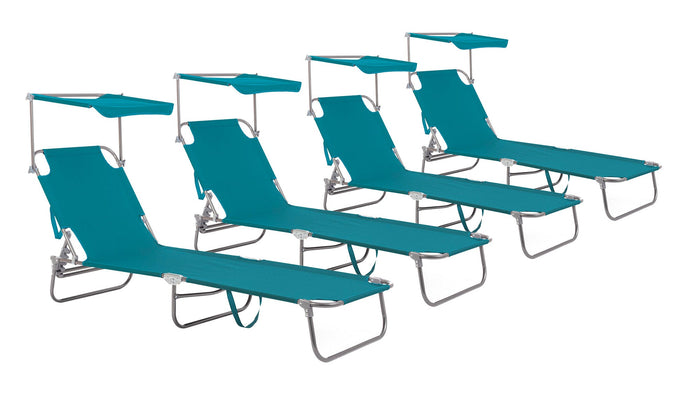 Set 4 Lettini Prendisole da Giardino 55x185x70 cm in Tessuto Poliestere con Tettuccio Orisano Turchese