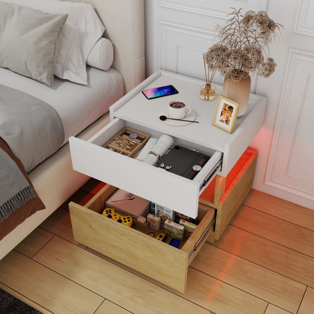 COMODINO 50x40x50 cm con ricarica wireless e LED, Bianco/Naturale, 2 cassetti