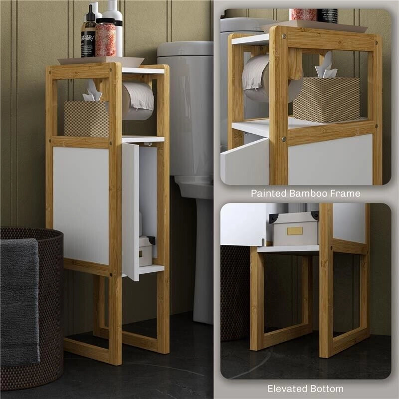 MOBILE BAGNO SALVASPAZIO CON PORTA CARTA IGIENICA, ARMADIETTO E RIPIANO IN BAMBÙ, 20X33X80CM, BIANCO