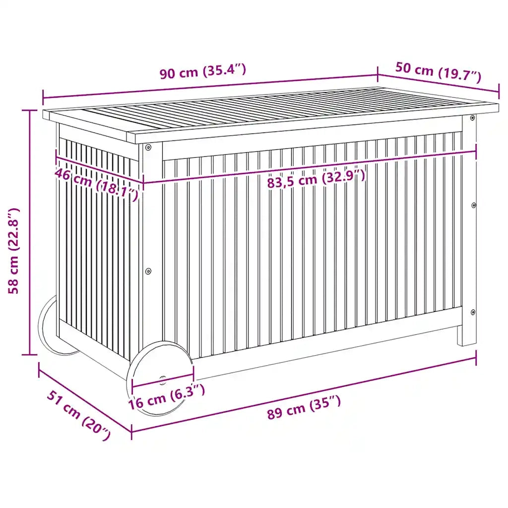 Contenitore Giardino-Cassapanche da esterno con Ruote 90x50x58cm Legno Massello Acacia
