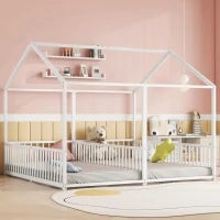 Letto per bambini 4+ anni in metallo 90×200 cm, forma di casa, con sponda di sicurezza, senza materasso, Bianco