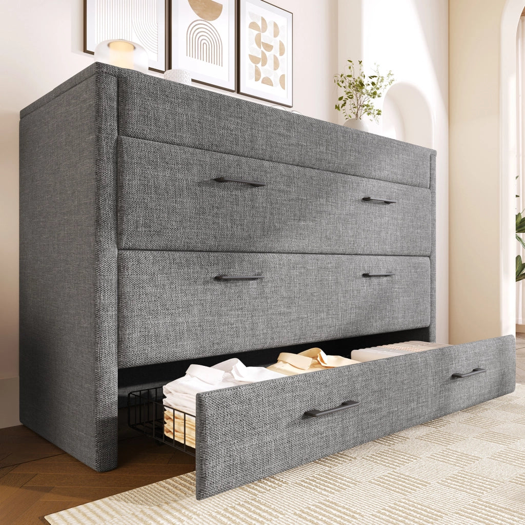 Letto a scomparsa 140x200 cm grigio in lino con cassetto USB-C