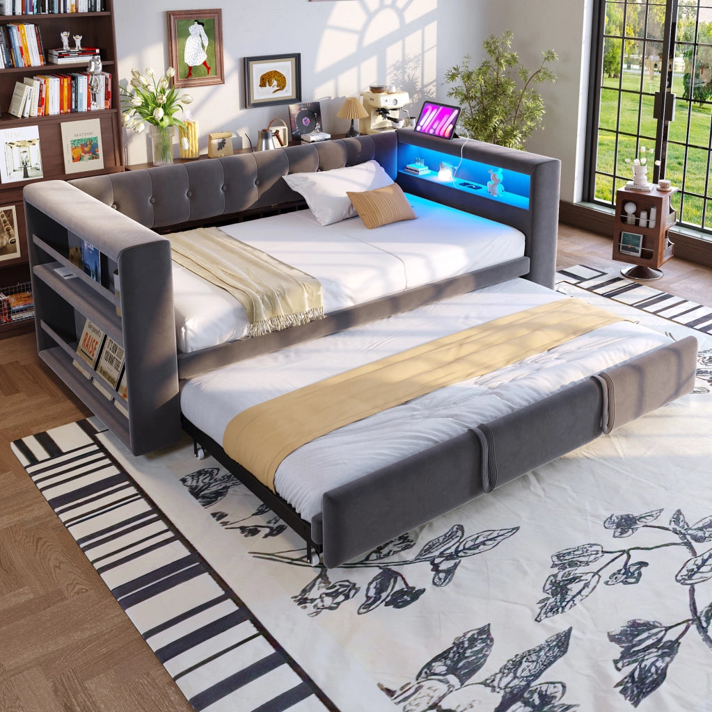 Divano letto multifunzione 90/180 x 190 cm con LED; prese; contenitore e rivestimento grigio scuro