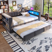 Divano letto multifunzione 90/180 x 190 cm con LED; prese; contenitore e rivestimento grigio scuro