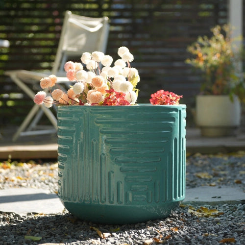 Vaso in ceramica artigianale Ø 42 cm, smaltato lucido turchese, resistente al gelo con foro di drenaggio