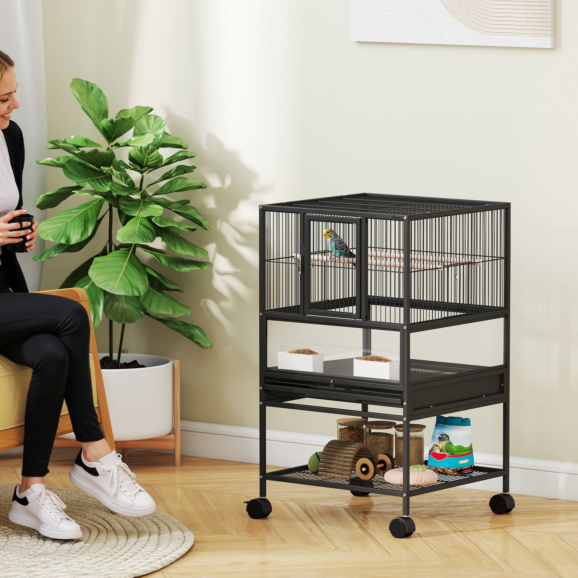 Gabbia per Uccelli 48x46x83 cm Vassoio e Griglia Rimovibili con Ripiano Portaoggetti in Acciaio e PP Nero