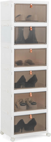 Scarpiera Pieghevole a 3/4/6 Piani, Mobile Multiuso Impilabile con Porte Trasparenti Magnetiche e Ruote Piroettanti Bloccabili, Contenitore con Coperchio per Cibi Giocattoli Abiti (6 Piani)
