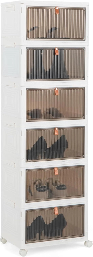 Scarpiera Pieghevole a 3/4/6 Piani, Mobile Multiuso Impilabile con Porte Trasparenti Magnetiche e Ruote Piroettanti Bloccabili, Contenitore con Coperchio per Cibi Giocattoli Abiti (6 Piani)