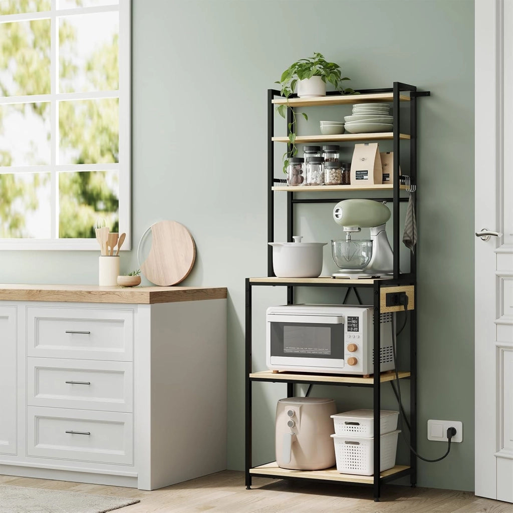 Scaffale da Cucina a 6 Livelli con Prese di Corrente, Scaffale per Microonde con Struttura in Metallo e Piano di Lavoro Aperto, Nero+Rovere Chiaro, 60x39,5x167cm