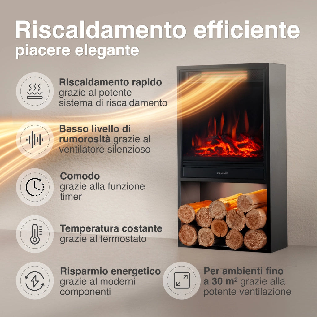 KAMINIO Camino elettrico HUGO - Stufa elettrica con riscaldamento, effetto fiamma 3D, luce ambiente a LED, scomparto de legno, telecomando - Nero