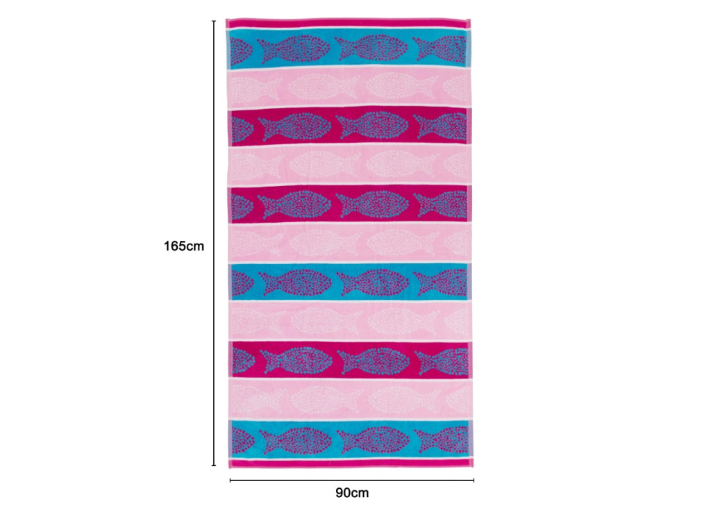 Telo Mare Jacquard Spugna Asciugamano Spiaggia Disegno Fish Pois - Telo Mare - Beige-Fucsia