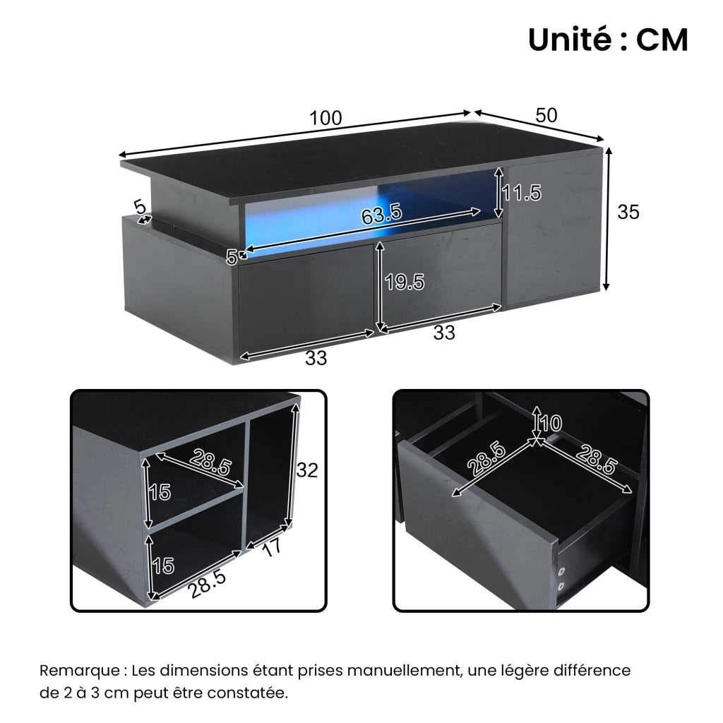 OKWISH Tavolino da Salotto con 2 Cassetti, 1 Vano Aperto e 3 Scomparti, LED, per Soggiorno, Pannello di Truciolato, 100 x 50 x 35 cm