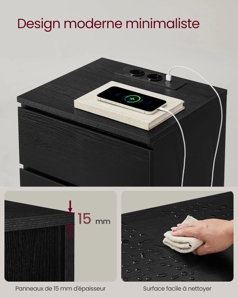 Comodino con multipresa tavolino laterale con 3 cassetti 2 prese CA 2 porte USB frontali dei cassetti smussati per soggiorno camera da letto ufficio moderno nero 12_0007611