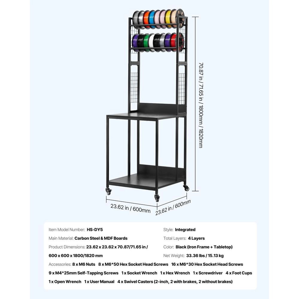 4-tier Mobile Filament Storage Rack, 3D Printer Filament Storage Rack, Filament Spool Holder On Wheels, Organizer Stand For 3D Printing Studio