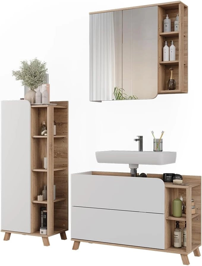 Set di mobili da bagno Karen, Sonoma/Bianco, 100 cm, composto da mobile sottolavabo, specchiera e mobile medio