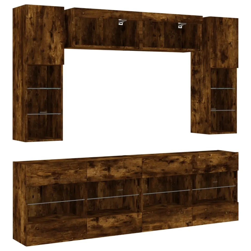 Set Mobili TV a Muro 6 pz con Luci LED Rovere Fumo