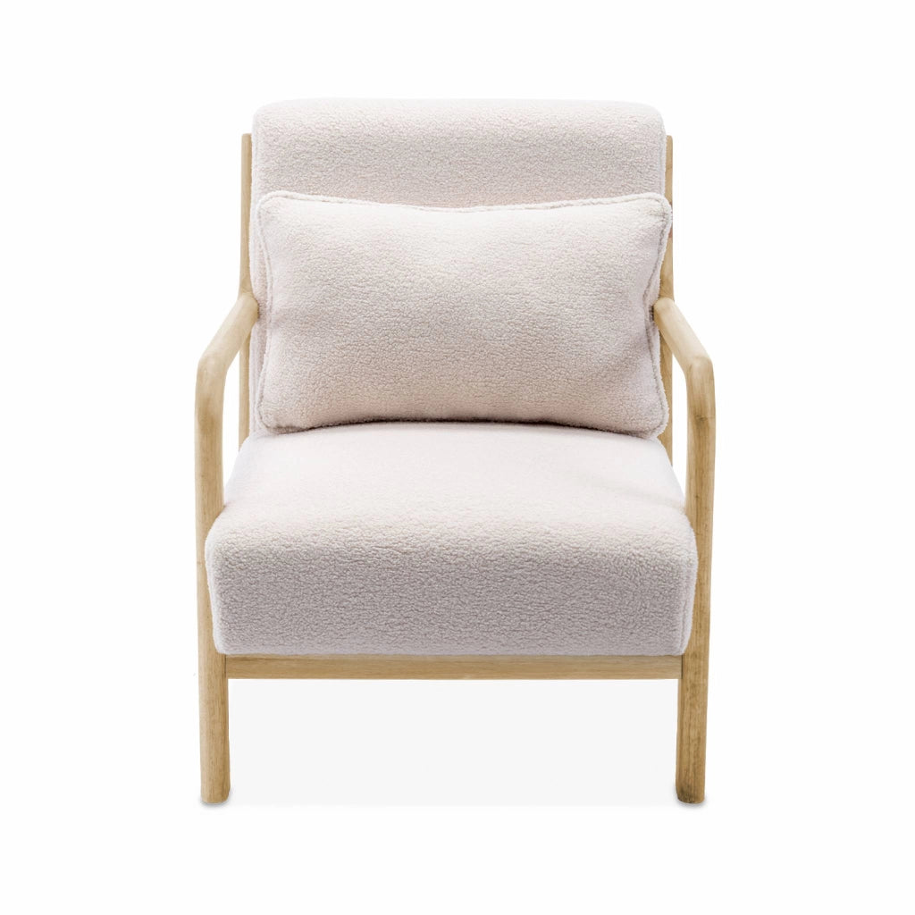 Poltrona scandinava in legno e tessuto bouclé, bianco