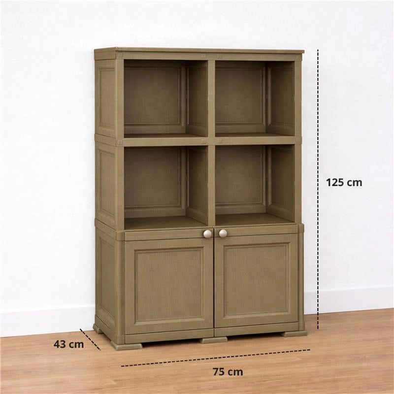 ARMADIO IN PLASTICA EFFETTO LEGNO CON 1 MODULO CHIUSO E 2 SCAFFALI APERTI – MOBILE CONTENITORE PER SALOTTO E BALCONE COPERTO