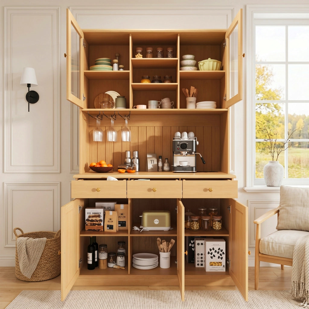 Credenza alta con vetrina, 1 cassetto e prese USB, per cucina e sala da pranzo, rovere naturale, 120 × 40 × 191 cm