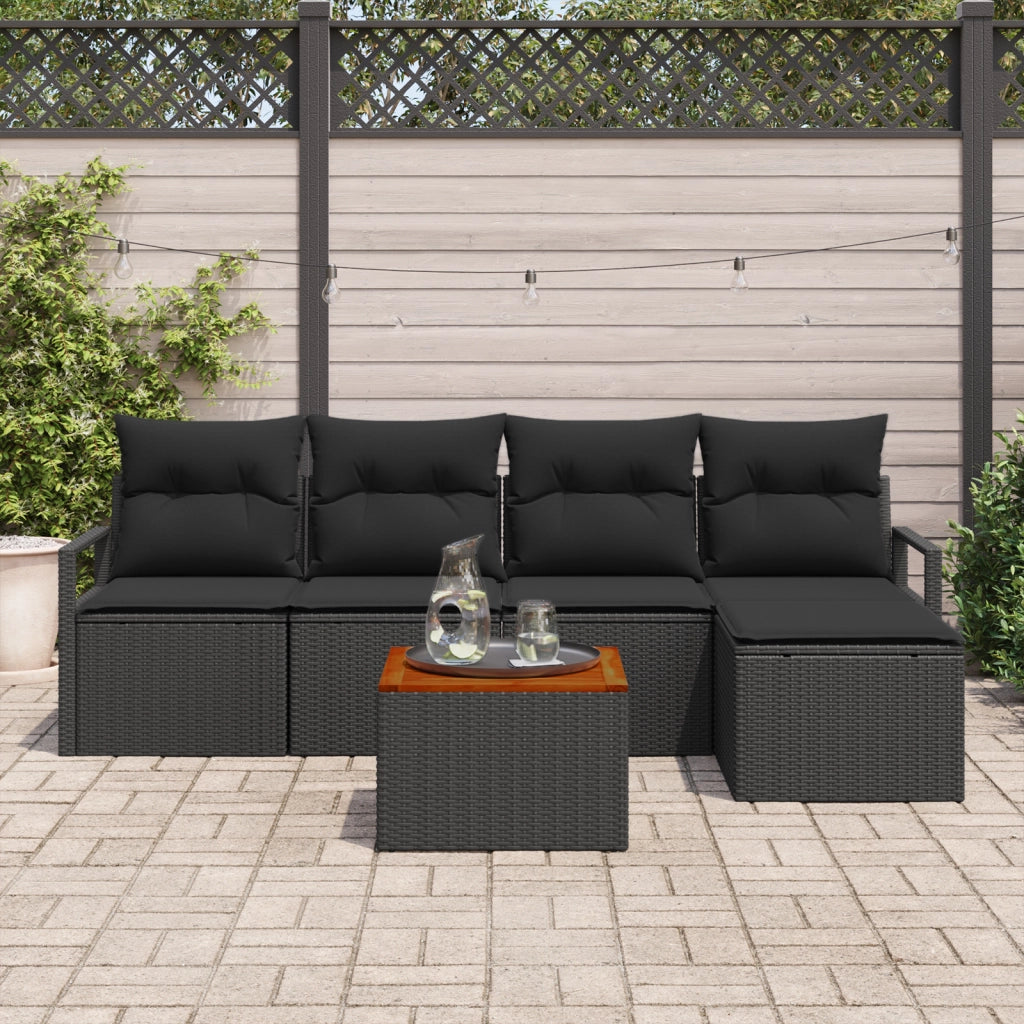 Set di Divano da Giardino a 6 Pezzi con Cuscini Nero Polyrattan Acacia