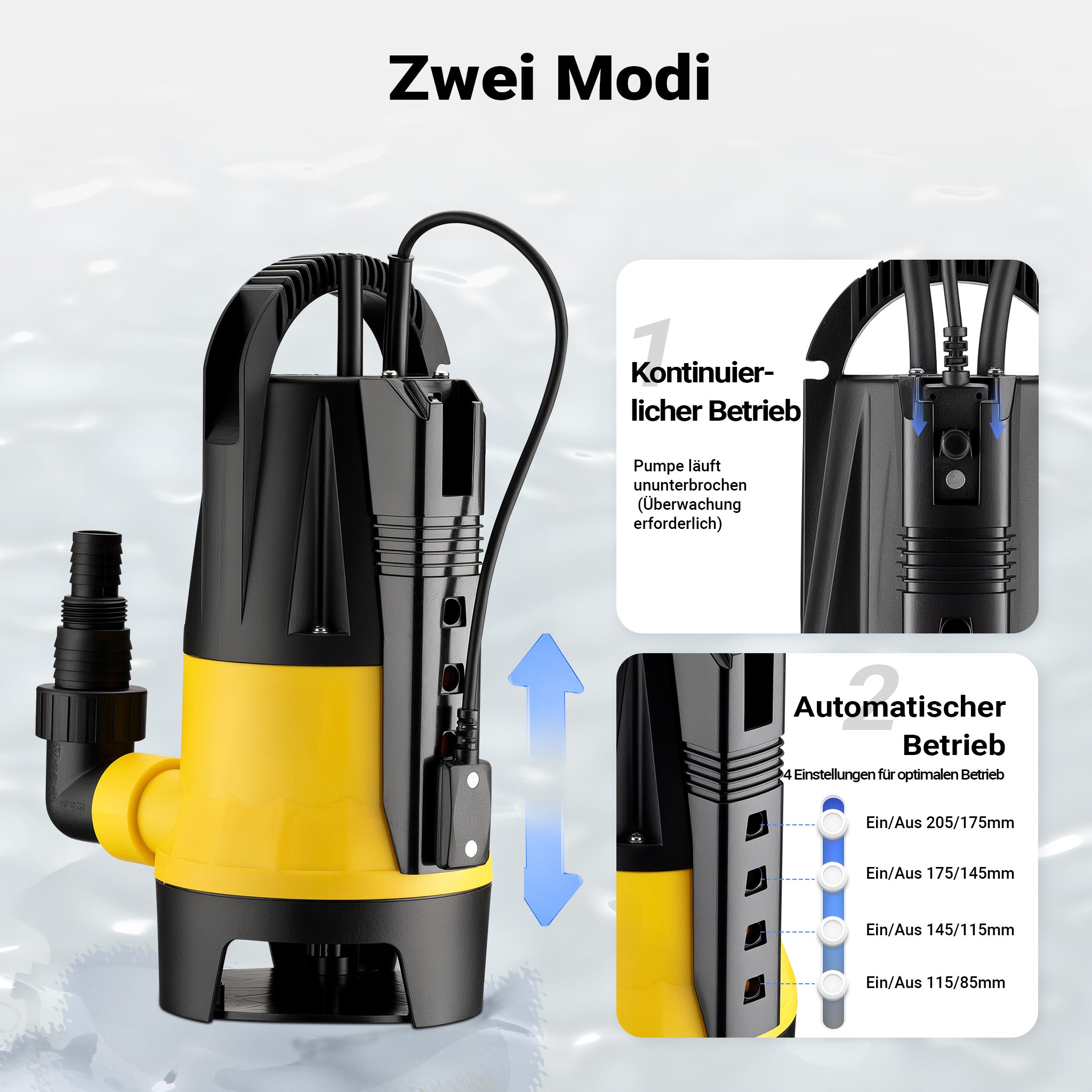 Livellostato, sensore di livello per pompa sommersa acque reflue 550 W 12500 l/h, 2 modalità