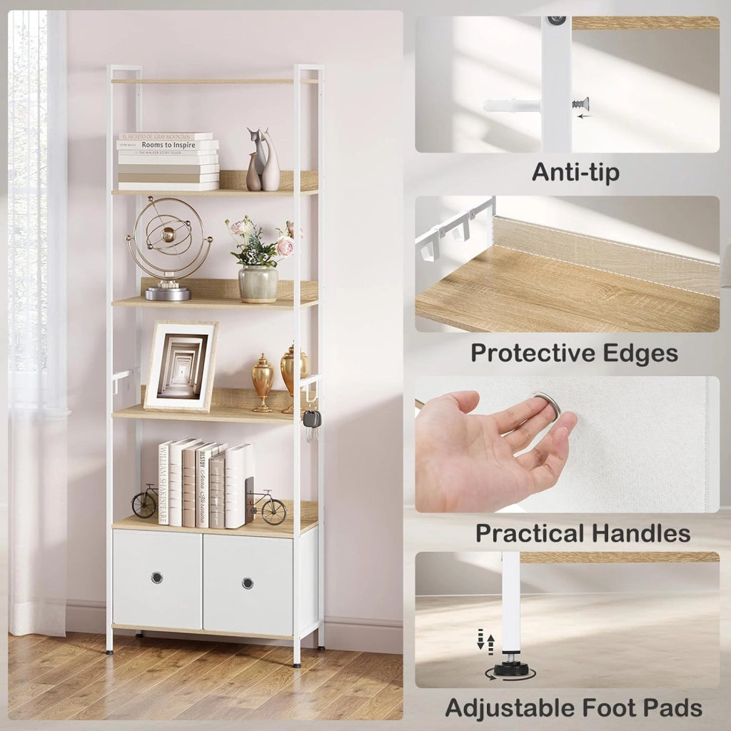 Libreria a 5 Piani con 2 Cassetti, Scaffale di Stoccaggio a Pavimento, Moderno, Struttura in Acciaio, Soggiorno/Ufficio/Studio/Cucina/Camera da Letto, Rovere Chiaro+Bianco, RGB62whe