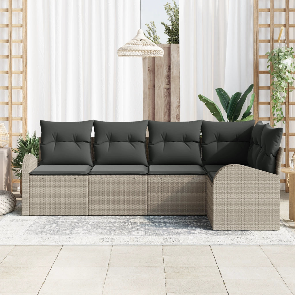 Set di Divani da Giardino  da 5 Pezzi con Cuscini Grigio Chiaro in Polyrattan