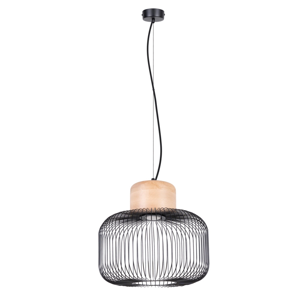 Lampada a sospensione industriale in acciaio e legno GABBIA Attacco E27 35/55 cm regolabile