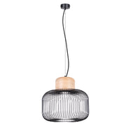 Lampada a sospensione industriale in acciaio e legno GABBIA Attacco E27 35/55 cm regolabile