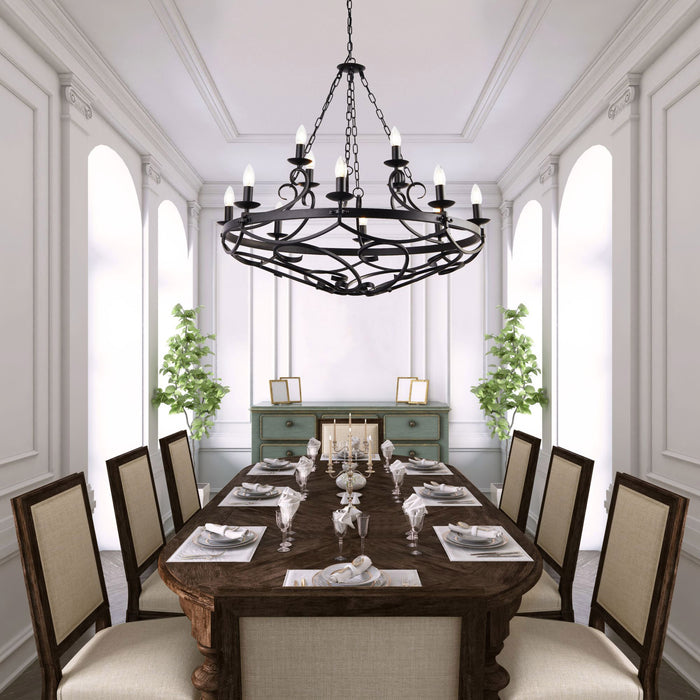 Lampadario Rustico-Country Cartwheel Iii Acciaio Nero 12 Luci E14