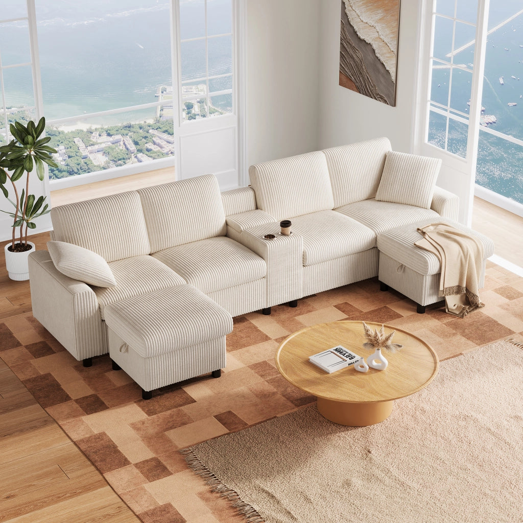 Divano modulare a U con contenitore; porte USB; prese e tavolino in velluto beige