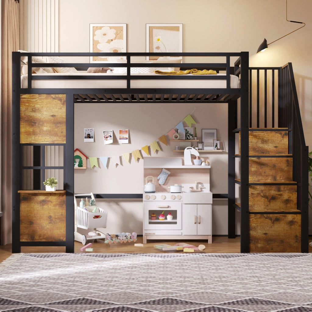 Letto a soppalco 90x200 cm con scala contenitore; finestra; spazio libero sottostante e parapetto; metallo nero