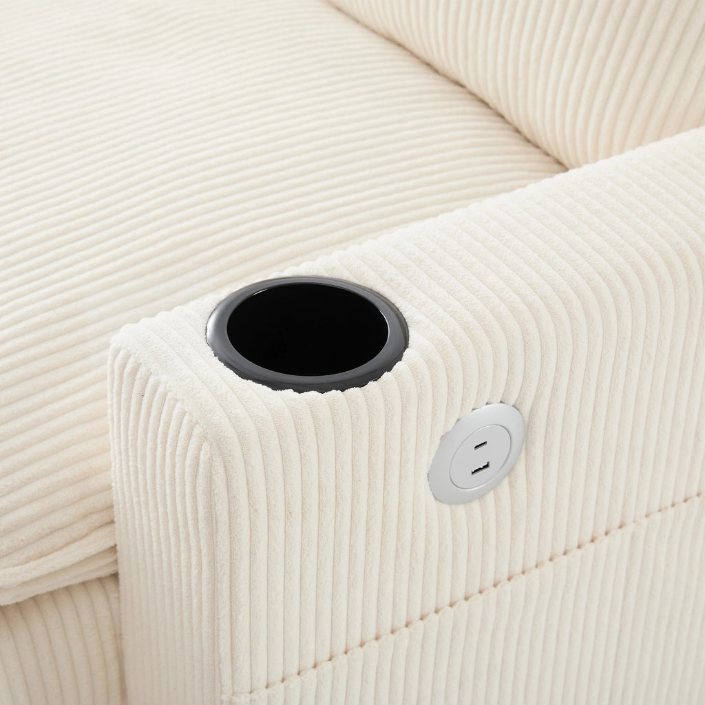 Sofa modulare a L/U in velluto a coste beige con 2 pouf, USB, contenitori e portabicchieri