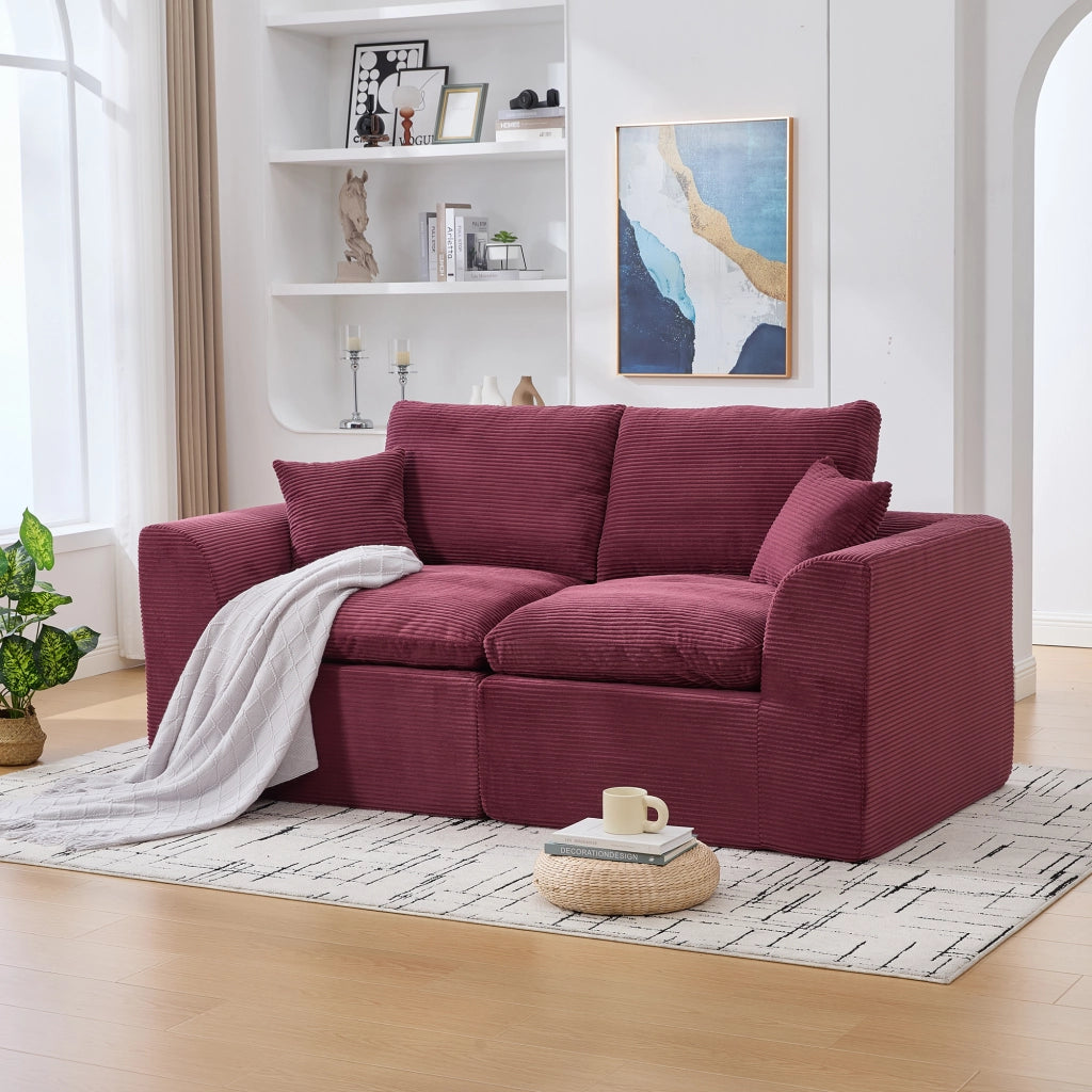 OKWISH Divano 2 Posti, Seduta Imbottita con Cuscini e Design Minimalista, Tessuto a Coste, Rosso Vino