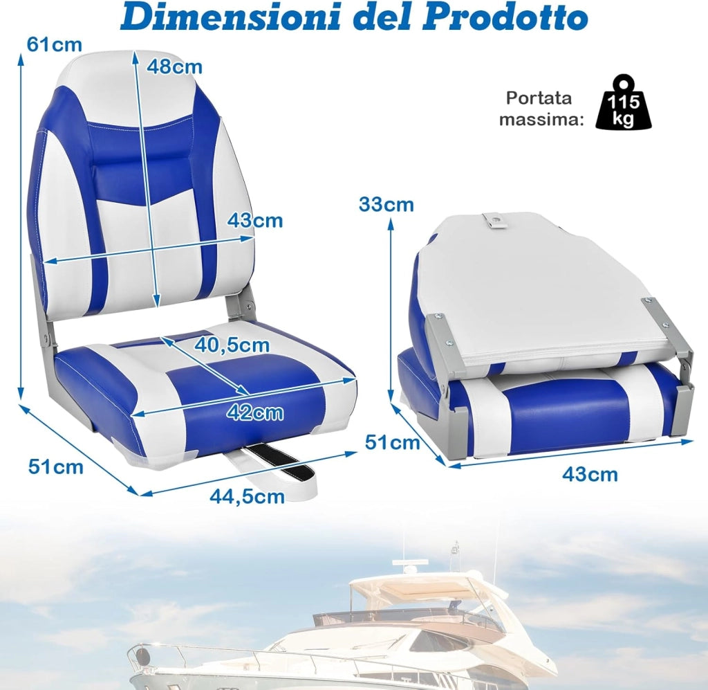 Sedia da Barca, Sedile da Barca Pieghevole con Morbido Cuscino Imbottito, Rivestimento in PVC Impermeabile, 44,5 x 51 x 61 cm (Blu, 2)