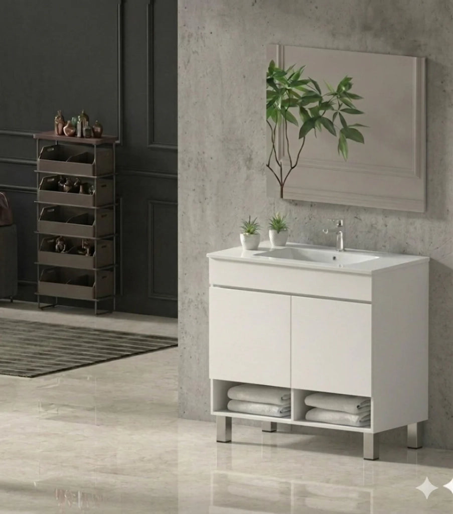 Mobile Bagno NEBARI com gambe Già Montato 2 portas, lavabo e specchio Bianco lucido 70x40 cm