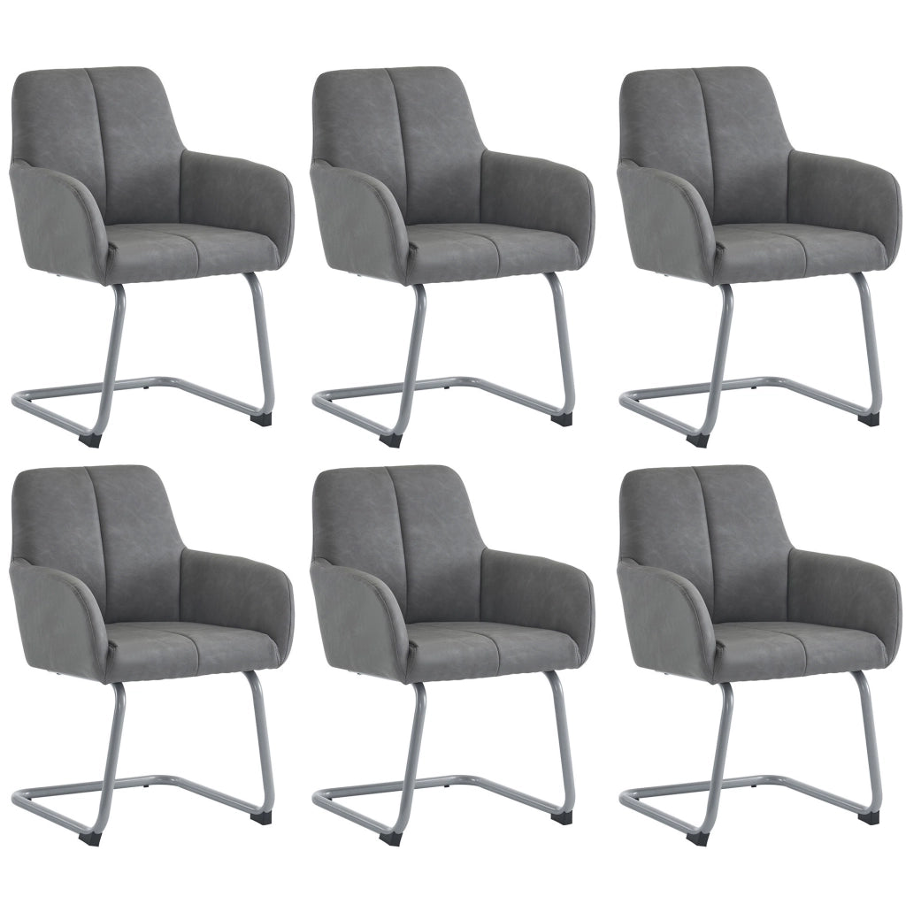 Set di 6 sedie da pranzo con braccioli; design ergonomico; in pelle; grigio