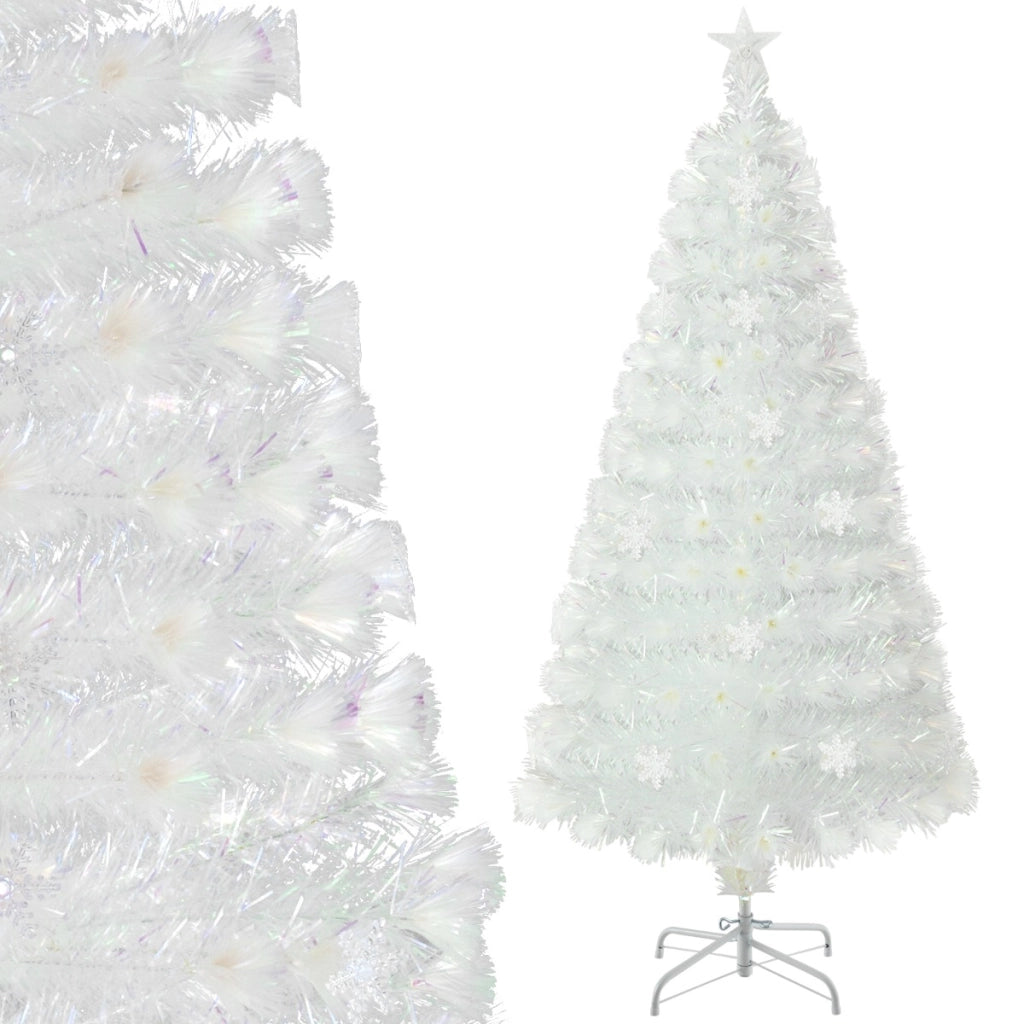 Albero di natale in fibra ottica da 210cm con foglie iridescenti stella in cima e luci LED, Albero decorativo per feste Bianco
