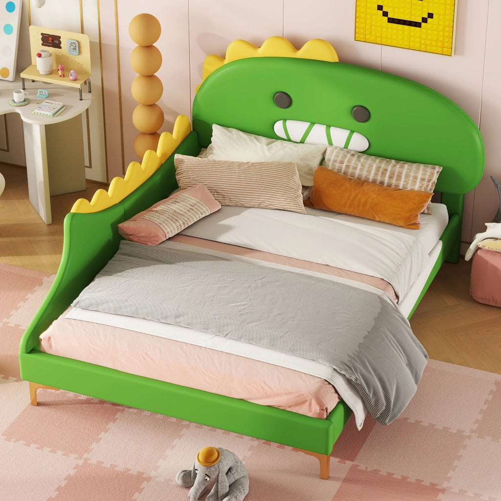 Letto basso per bambini verde con forma di dinosauro in PU 140x200 cm