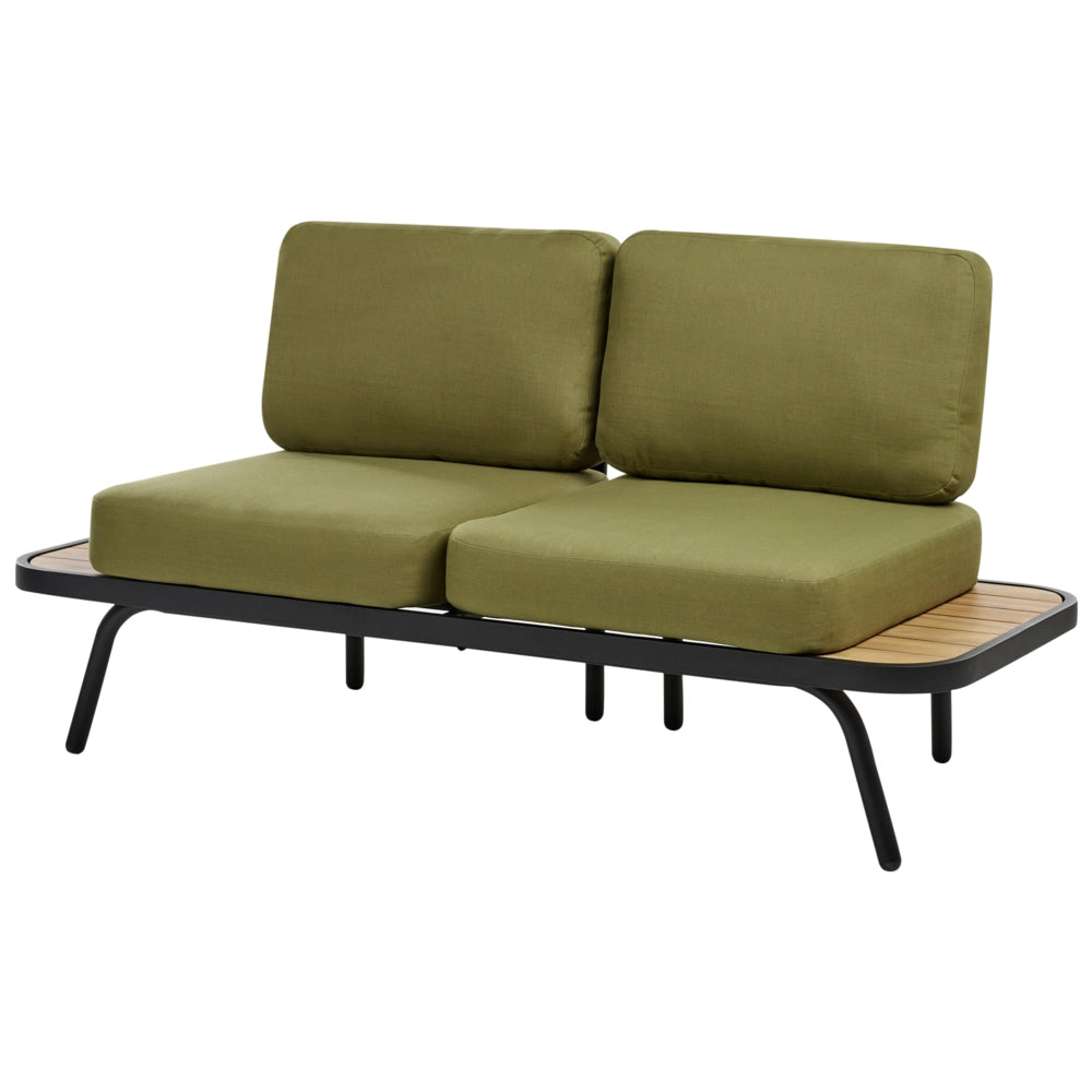 Divano da giardino 4 elementi con struttura in alluminio e legno d'acacia certificato con cuscini verde oliva stile modermo