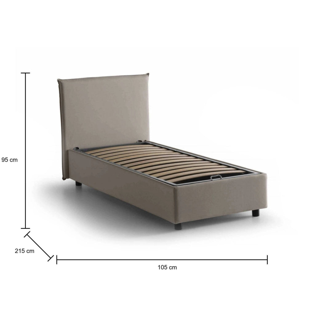 Letto singolo Alder, Letto contenitore con rivestimento in tessuto, Made in Italy, Apertura frontale, adatto per materasso cm 90x200, Tortora