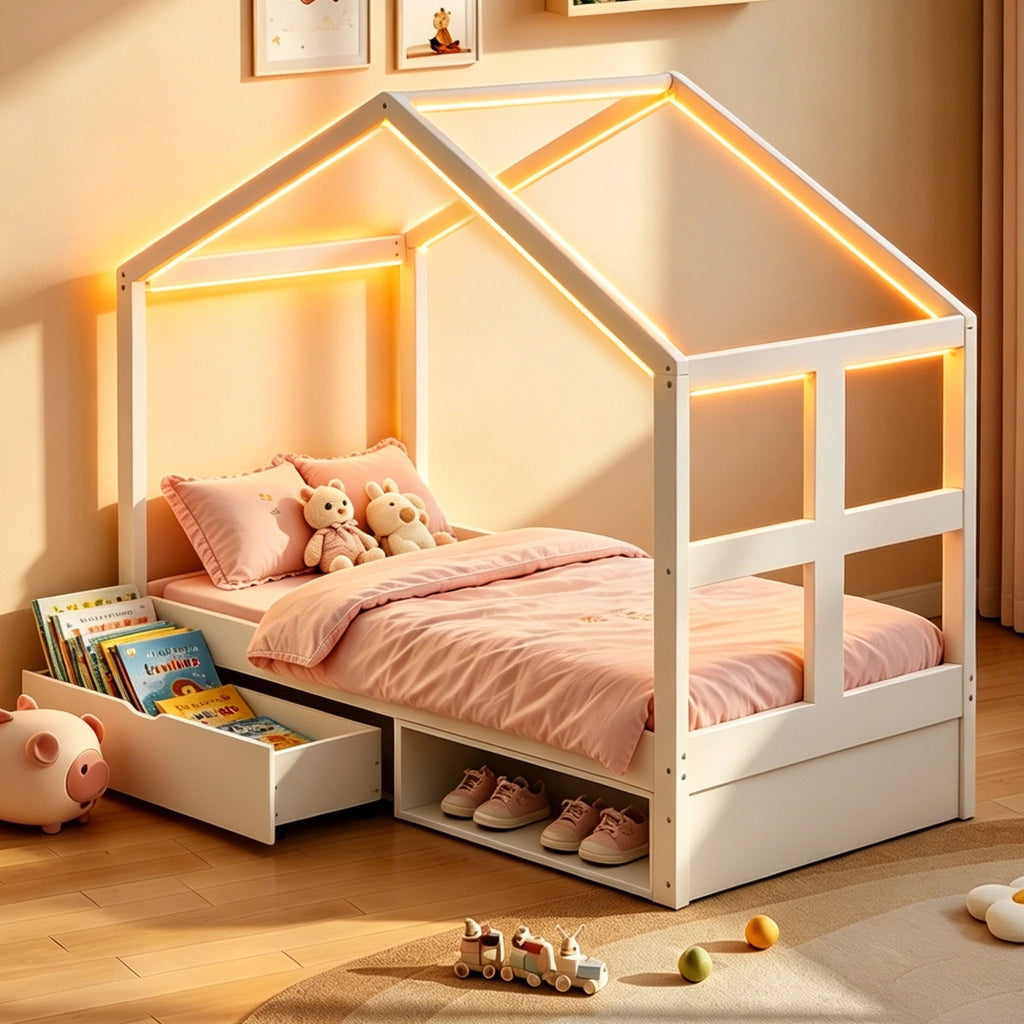 Letto singolo 90 × 190 cm con cassetto portaoggetti, mobile scarpe compatto, LED multicolore, senza materasso, bianco