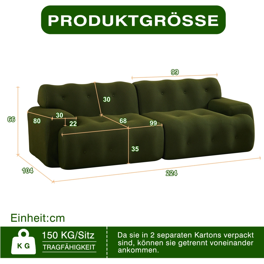 Divano a due posti in tessuto con braccioli ampi, bottoni cuciti a mano e base antiscivolo verde 224 × 104 × 66 cm